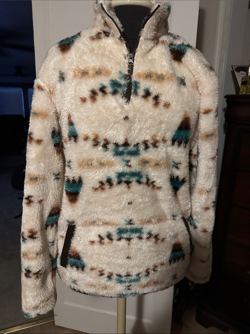 Cream Aztec Sherpa Pullover Jacket with Teal & Brown Accents